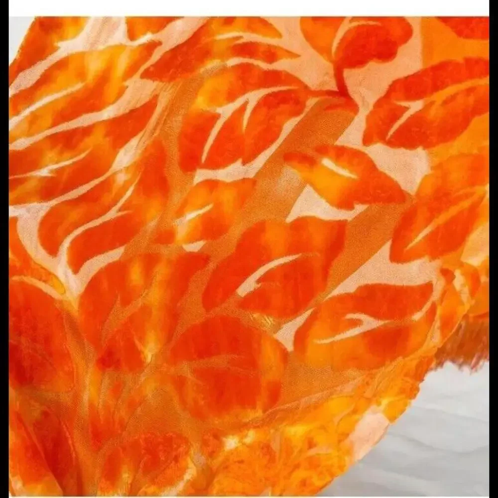 👠🥻Orange Long Scarf Hand Rolled Edges Burn Out Silk Blend Fringe 51 X 9